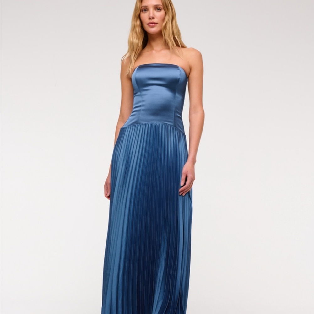 Strapless Satin Pleated Maxi Dress - Blue